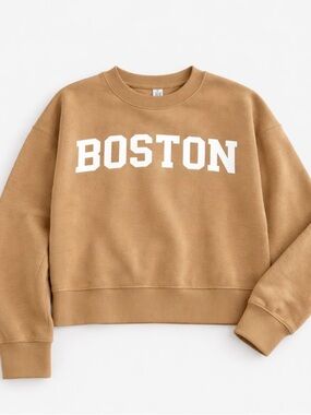 Women's Camel Crewneck Sweatshirt with White Boston Lettering